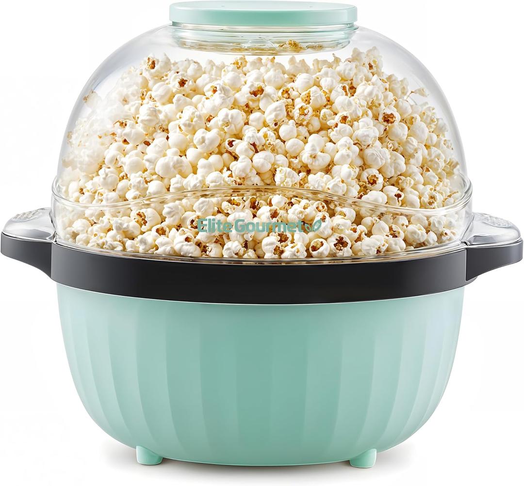 Elite Gourmet EPM145M 18-cup Hot Oil Stirring Popcorn Popper w/Measuring Cap & Reversible Serving Bowl & Butter Melting Tray, Great for Parties, Movie Night, Anytime Snack, Safety ETL Approved, Mint