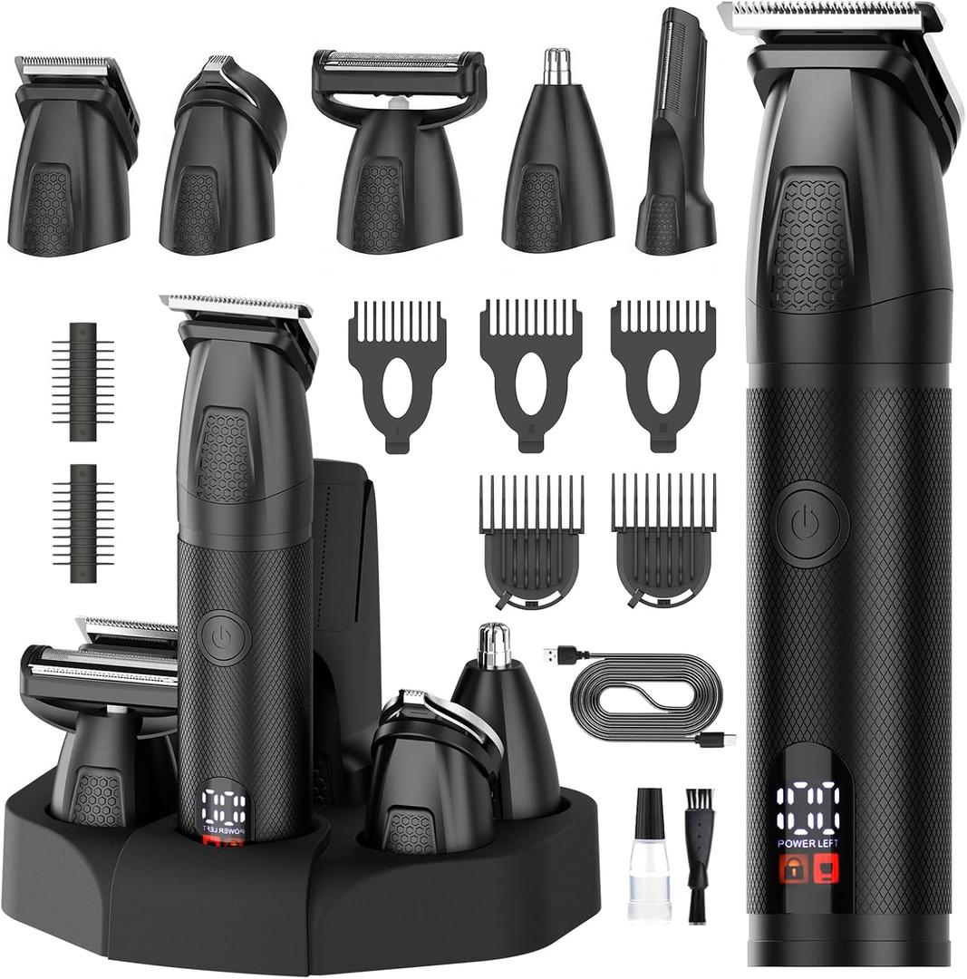 Bomxin Beard Trimmer for Men 6 in 1 Cordless Waterproof Electric Hair Clippers Mustache Body Face Trimmer All in One Grooming Kit with LED Display USB Rechargeable