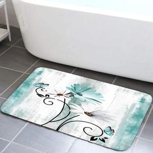 Rustic Farmhouse Bath Mat, Farm Teal Daisy Floral Flowers Butterfly Country Wooden Bath Rug for Bathroom, Grey White Bath Mat Soft Non Slip Bath Rugs, 19X31IN