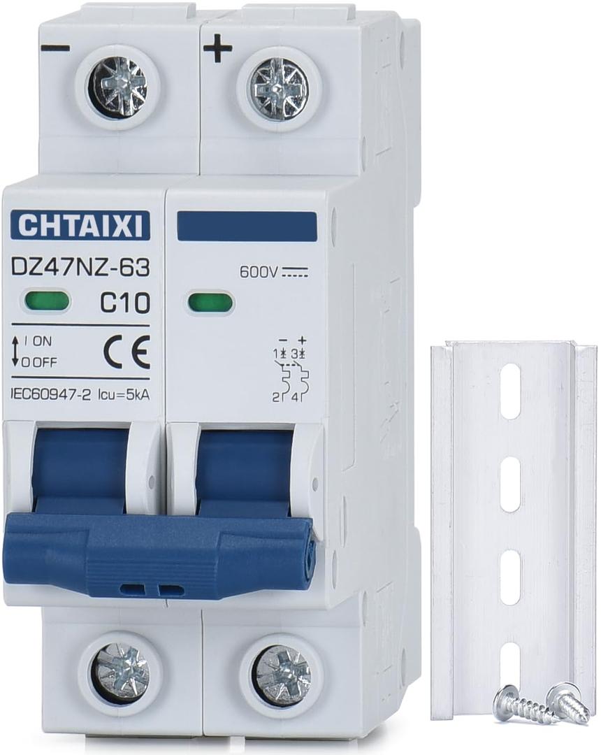 DC Miniature Circuit Breaker, 2 Pole 600V 10 Amp Isolator for Solar PV System, Thermal Magnetic Trip, DIN Rail Mount DC Disconnect Switch C10