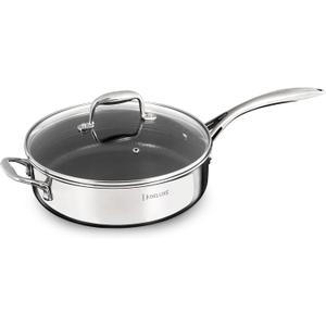 DELUXE Hybrid Ceramic Nonstick 3.7 Qt Deep Saut Pan with Lid, Stainless Steel Skillet with Stay-Cool Handles, Dishwasher and Oven-Safe, PFOA Free Deep Frying Pan, Compatible with All Cooktops