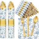 Meanplan 24 Set Blue and White Chinoiserie Flower Party Supplies Cutlery Blue Flower Pre Rolled Gold Plastic Silverware Set Spring Baby Shower Birthday Disposable Wrapped for Wedding Tea Party