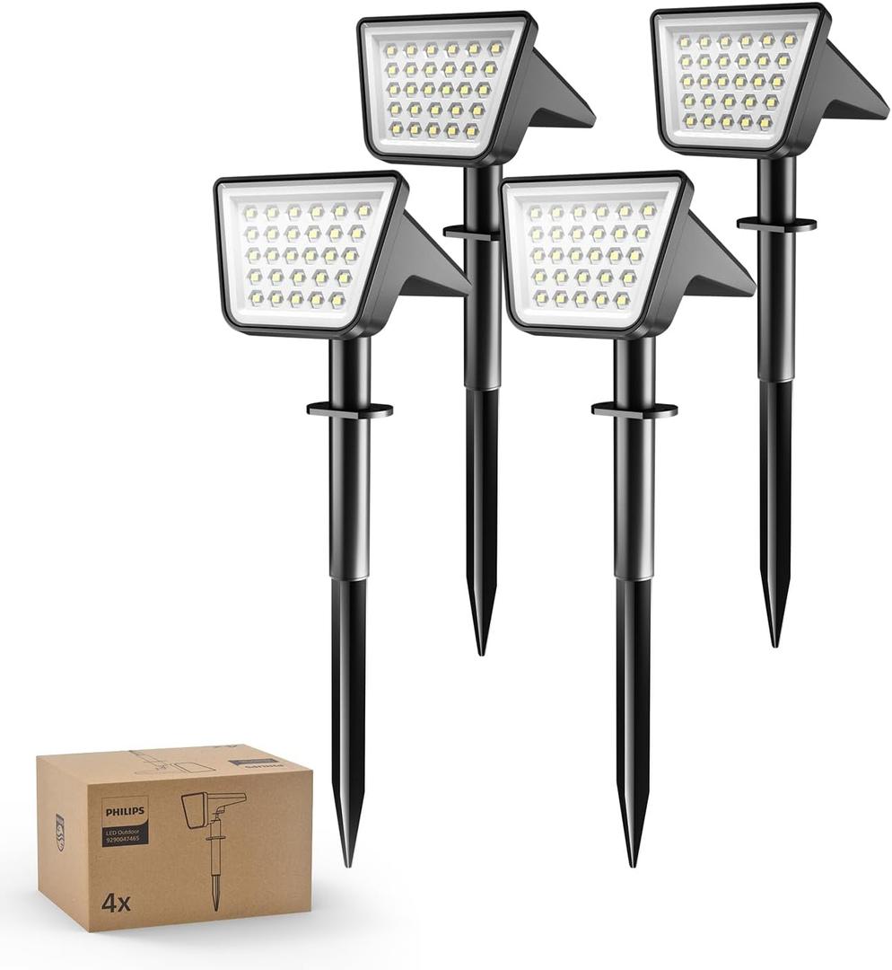 Philips 4 Packs Solar Spot Lights Outdoor Waterproof, 28 LED 7500K Solar Powered Landscape Pathway Lights, Dusk to Dawn Solar Spotlights for Garden, Yard, Lawn, Walkway, Driveway (Cool White)