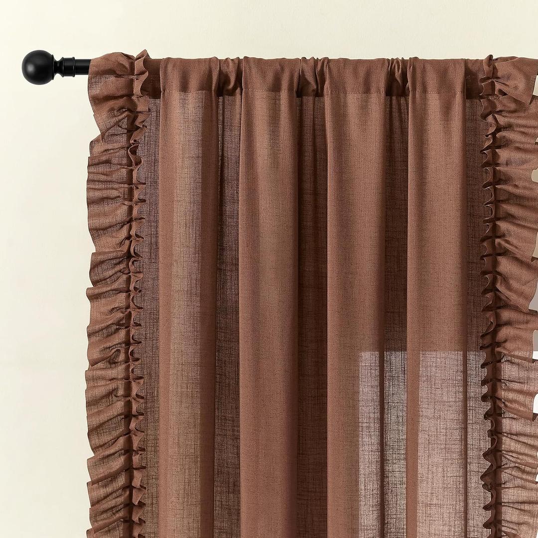 Dark Terracotta Ruffle Curtains 63 Inch Length, 2 Panels, W47 x L63 Inch, Linen Textured Rust Colored Farmhouse Scalloped Curtains for Bedroom, Rod Pocket Light Filtering Semi-Sheer Flowy Boho Curtain