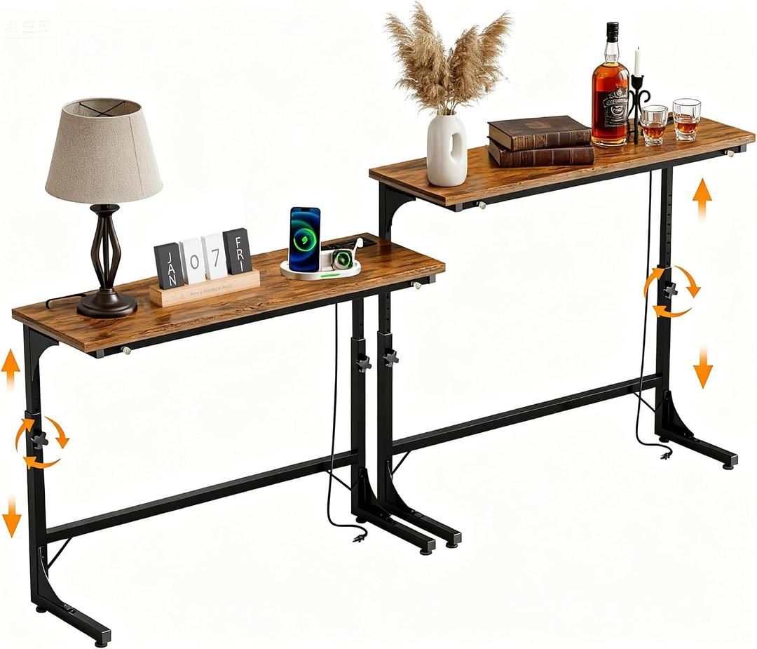 11.8" W * 78.8"L Narrow Console Table Behind Sofa Couch Table with Outlets | 23" to 31" Adjustable Height, Narrow Console Table for Hallway Bedroom Living Room Decor Foyer Furniture Rustic, Brown