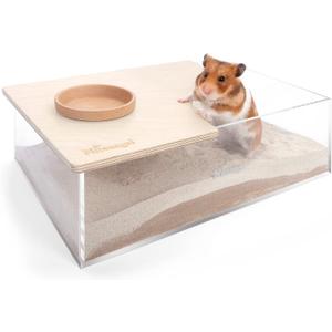 Niteangel Small Animal Sand-Bath Box: - Acrylic Critter's Sand Bath Shower Room & Digging Sand Container for Hamsters Mice Lemming Gerbils or Other Small Pets (Rectangle, Birch-Wood)
