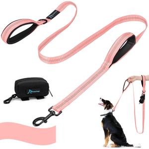 PuppyDoggy Dog Leash for Large Medium Dogs 6Ft x 1" Reflective Stitching Large Leash 2 Traffic Padded Handles Dog Lead Rope with 1 Piece Poop Bag Dispenser Holder for Running Walking Training (Pink)