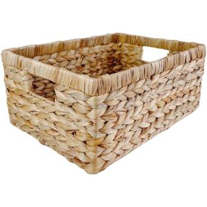 Large Rectangular Handwoven Wicker Basket - Natural Water Hyacinth Storage Baskets with 2 Built-in Handles - Ideal for Towel, Blankets, and Home Organizer & Decor - 15"x 11"x6.75" - Brown