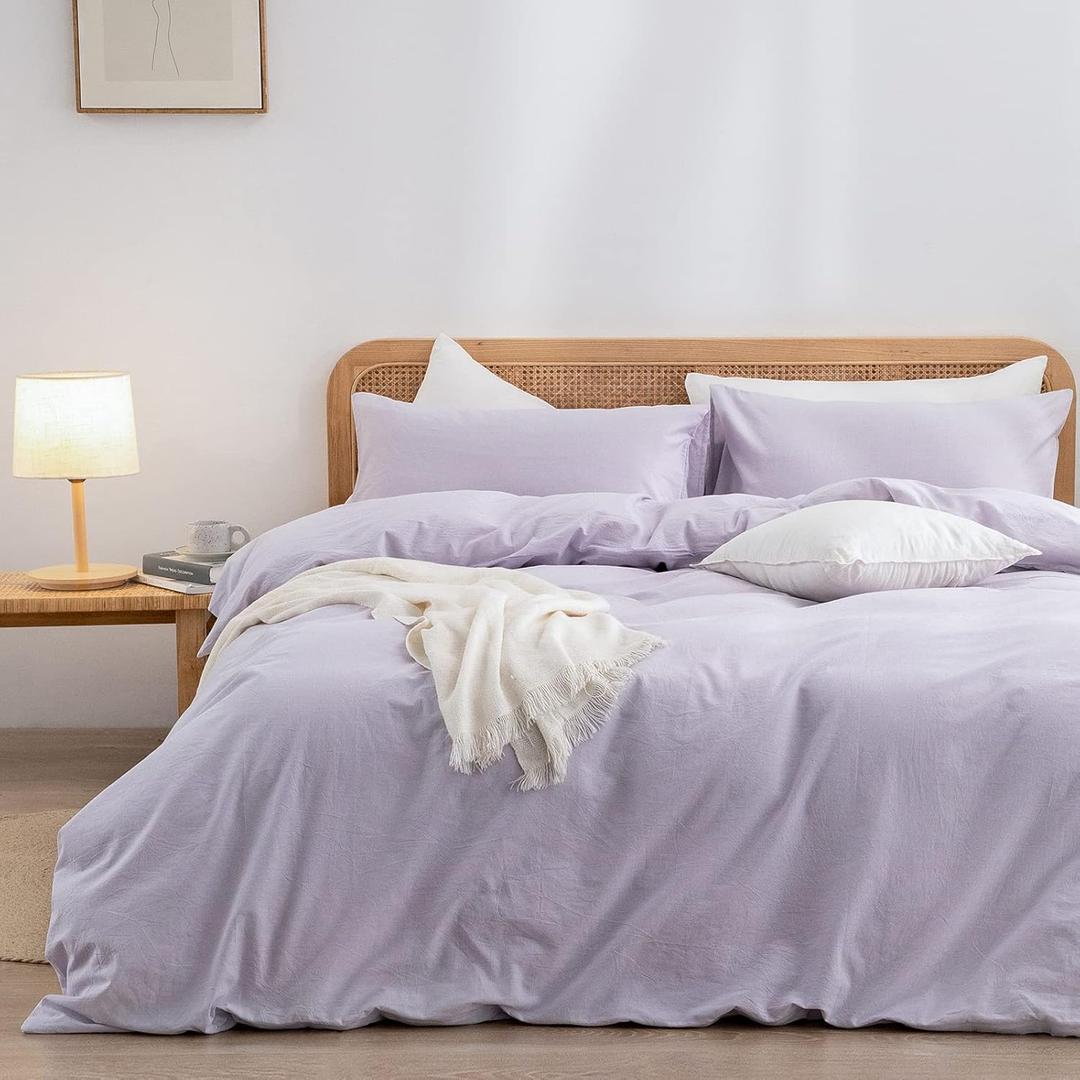 BESTOUCH Duvet Cover Set 100% Washed Cotton Linen Feel Super Soft Comfortable Chic Lightweight 3 PCs Home Bedding Set Solid Taro Purple Queen (Queen (90" x 90"))