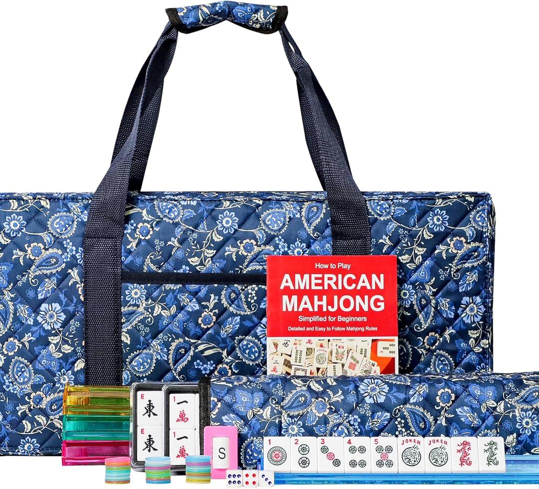 American Mahjong Set with Blue Carrying Bag, 166 White Tiles, 4 All-in-One Rack/Pushers, Mahjong Tiles Set (Ma Jong, Mah-Jongg, Majiang)