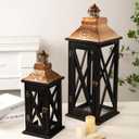 Large Farmhouse Wooden Lanterns with Metal Top, Decorative Floor Lanterns Set of 2, Black Frame with Rustic Gold Accents, Indoor/Outdoor Hurricane Lanterns for Home Decor (No Glass)