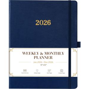 2026 Planner - Planner 2026, Leather Calendar Weekly and Monthly, 9"x11", Jan 2026 - Dec 2026, Leather Hardcover, Pen Loop, Elastic Closure, Pocket - Navy