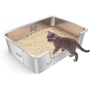 Low Entry Litter Box for Senior or Disabled & Injured Cats, Stainless Steel High Sided Enclosed Easy Step in Entry-Metal Kitty Litter Box for Kittens, Odor Control (17.7"x13.8"x5.9")
