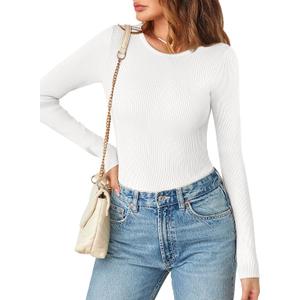 MEROKEETY Women's Long Sleeve Ribbed Bodysuits Crew Neck Slim Body Suits 2026 Knit Sweater Tops (White, Small)