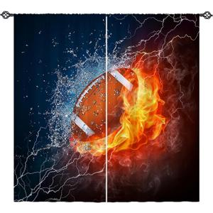 Kids Football Curtains W42 x L63 Inch Rod Pocket Sports Water Fire Rugby Flame Thunder Lightning Print Pattern Privacy Fabric Window Drapes for Boys Bedroom Nursery Baby Playroom 2 Panels