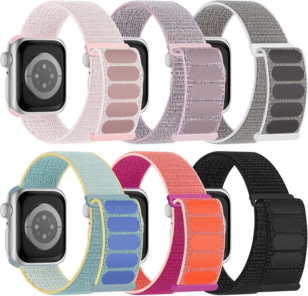 6 Pack Sport Nylon Loop Band Compatible with Apple Watch Bands 38mm 40mm 41mm 42mm 44mm 45mm 46mm 49mm for Women Men, Adjustable Breathable Braided Straps for iWatch Series 10/9/8/7/6/5/4/3/SE/Ultra (Black/Pink Sand/Pearl Pink/Sea Shell/Marine Green/Pomegranate)