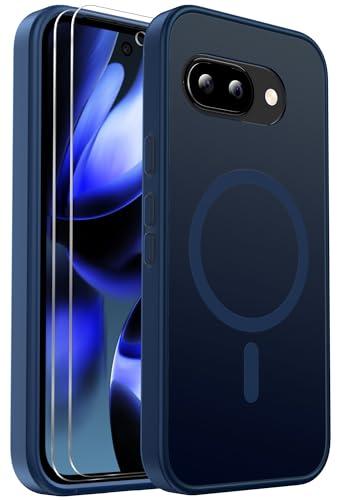 for Google Pixel 9A Case Magnetic Shockproof, [Fit for MagSafe] [Glass Screen Protector] Translucent Anti-Fingerprint Case for Google Pixel 9A (Blue)