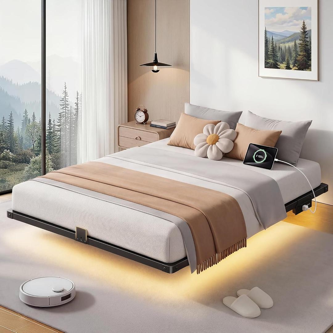 Floating Bed Frame King Size with 4-Side Underbed RGB LED Lights & Charging Station, Modern Metal Platform Bed No Box Spring Needed, 10in Comfort Height, Sturdy 1000lbs Support for Bedroom