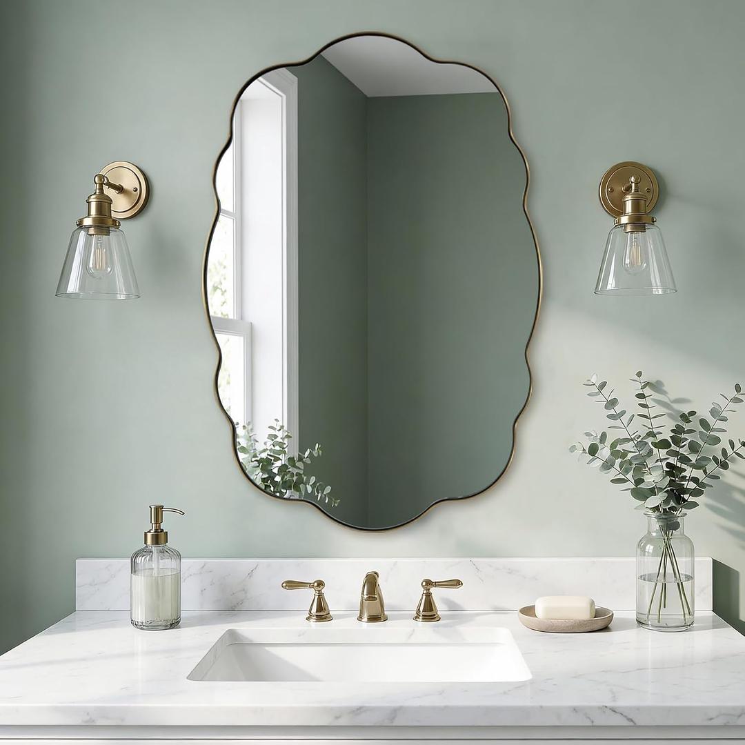 ANDY STAR Brushed Gold Oval Bathroom Mirror, 26x38 Inch Wavy Scalloped Wall Mirror, Anti-Rust Brass Metal Mirror for Bathroom Hang Vertical or Horizontal