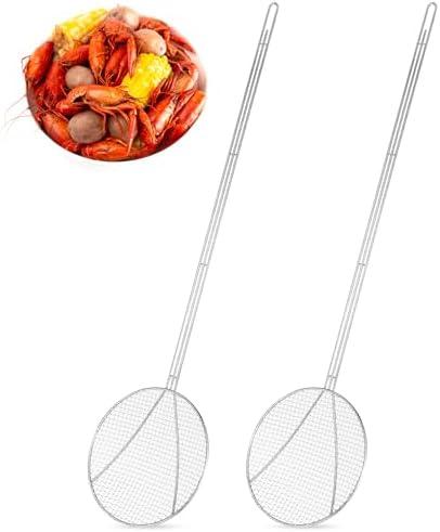 Baderke 2 Pcs 36" Stainless Steel Wire Skimmer Long Handle Strainer Spoon | Fine Mesh Structure, Round Plated Wire Design, Fried Food, Kitchen Cooking Tool, Strain Stirr Accessory, Fryer Utensil
