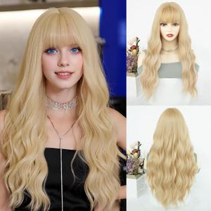 ENTRANCED STYLES Blonde Wig with Bangs Platinum Blonde Wigs for Women Synthetic Fiber Wig Womens Wavy Wigs Long Curly Wig for Daily Cosplay Party (26 inch Blonde)