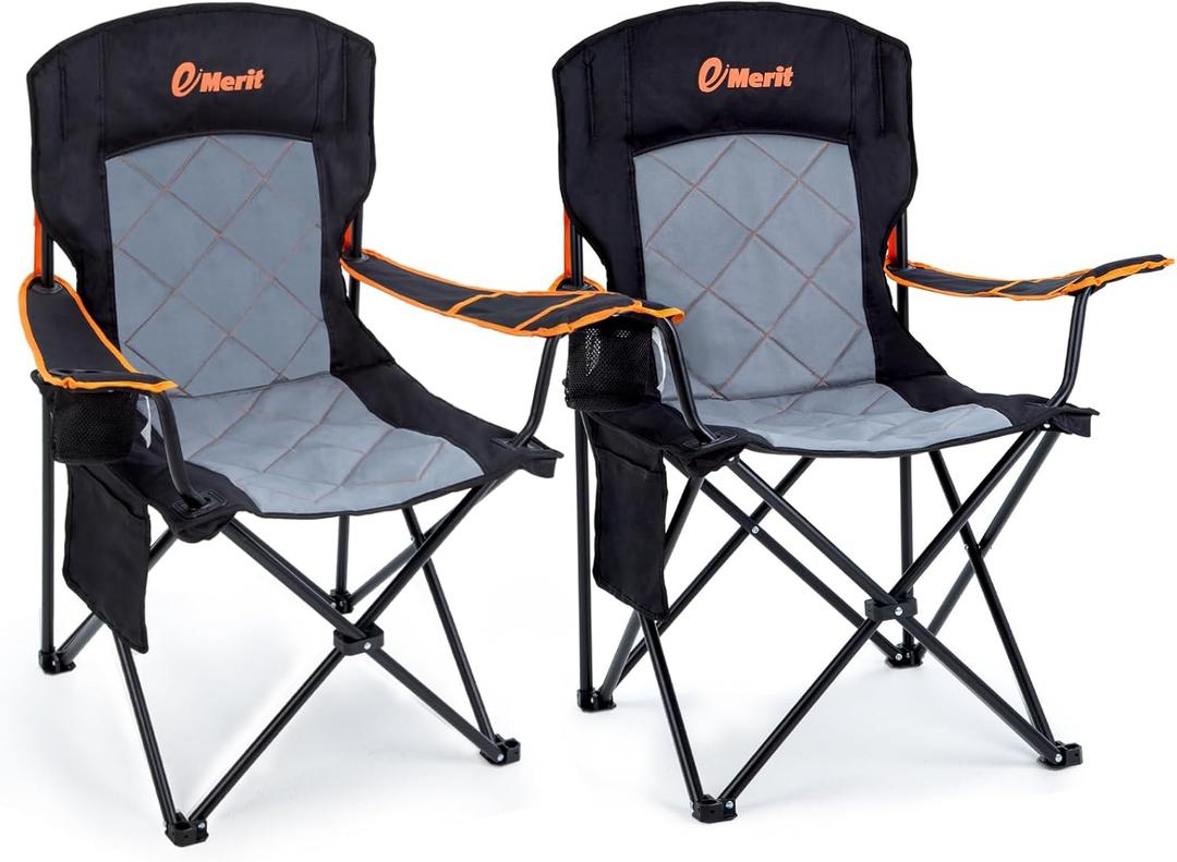 EMERIT 2 Pack Oversized Padded Camping Chair, 350LB Heavy Duty Quad Fold Chair with Arms, Collapsible Outdoor Chairs with Lumbar Back & Cup Holder (Black(twin Pack))