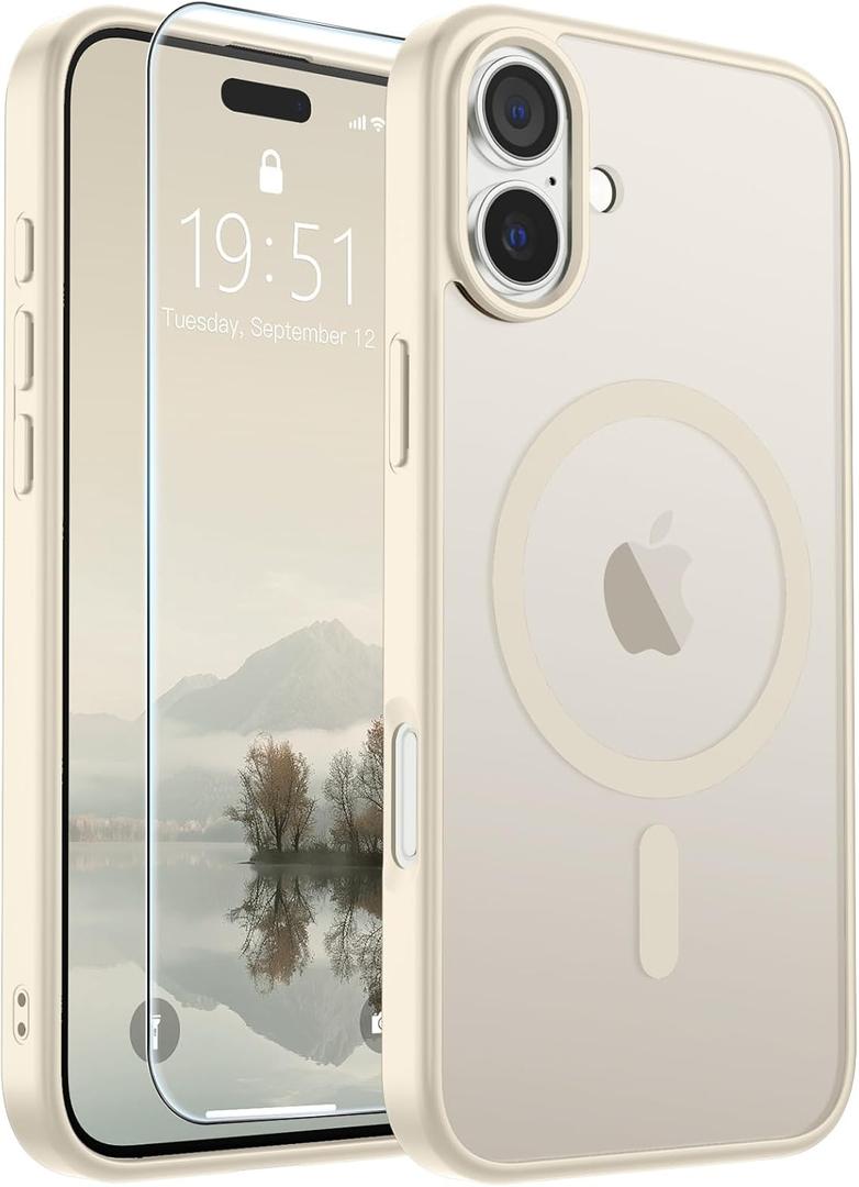 SUPFINE Magnetic for iPhone 16 Case with Screen Protector (Compatible with MagSafe) (Military Grade Drop Protection) Translucent Matte Shockproof with Anti-Fingerprint Phone Cover,Antique White