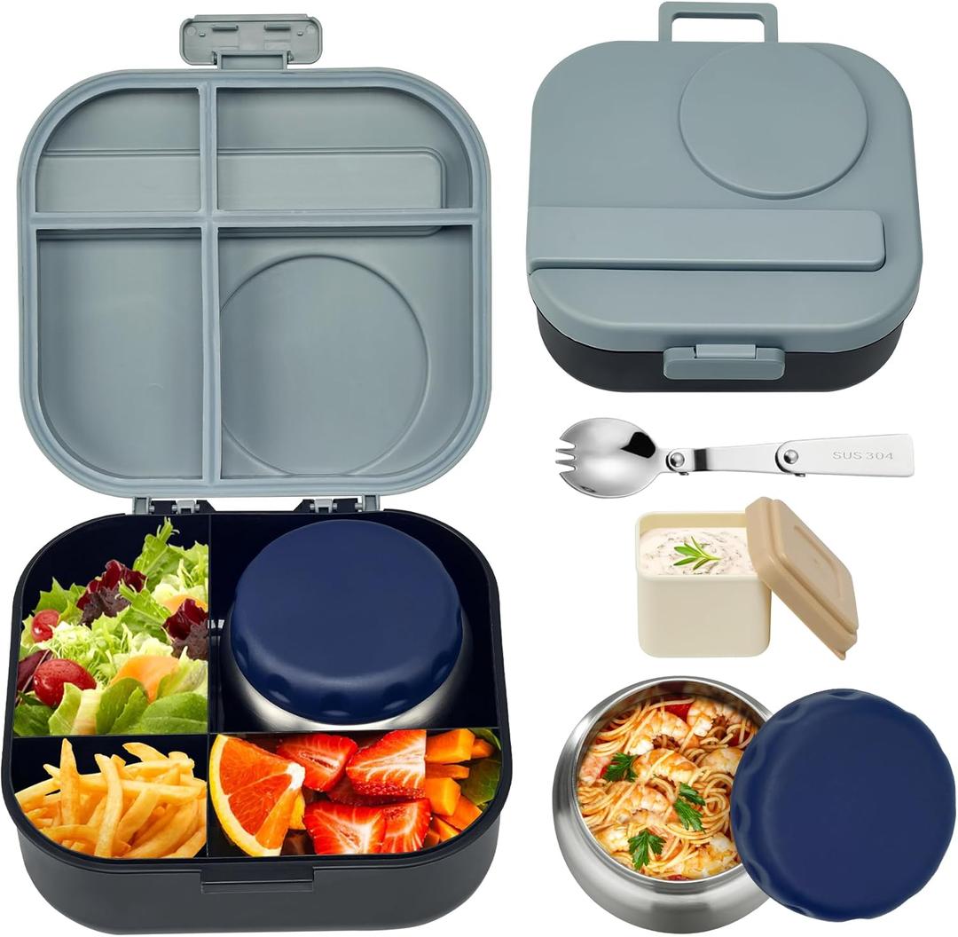 Aimsnk Bento Lunch Box for Kids with 12oz Soup Thermo,4 Compartments Lunch Box Containers Kids, Includes Foldable Spoon &Sauce Jar, BPA Free&Leak proof,Insulated Food Jar for Travel,School (Black)