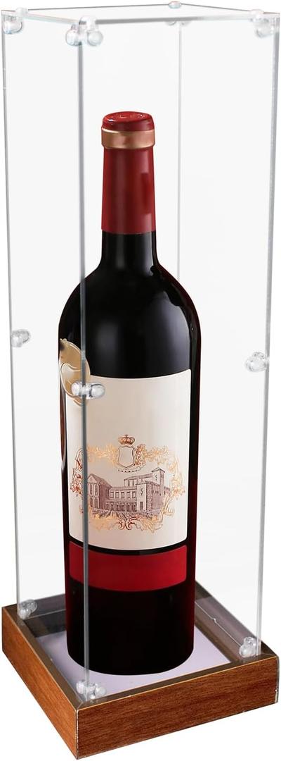 Clear Acrylic Wine Bottle Display Case with Wooden Base, Dustproof Protection Single Red Wine Showcase for Champagne, Whiskey, Liquor, Beer, Figures, Collectibles (3.9 x 3.9 x 13.8 Inch)