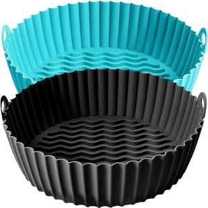 8 Inch Air Fryer Liners for Ninja AF101 AF150 AF161 XL (2 Pack) Black & Cyan Silicone Liners with Handles for 36 QT Air Fryers COSORI Instant Gourmia and more  Reusable Nonstick Inserts