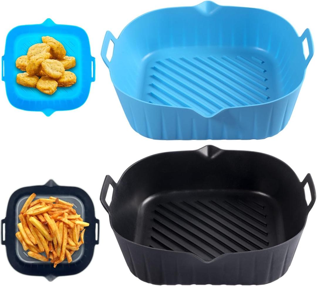 Square Silicone Air Fryer Liners 2 Pack, Heavyweight and thickened 7 Inch Air Fryer Liners,Reusable Silicone Basket, Air Fryer Accessories(Black&Blue)