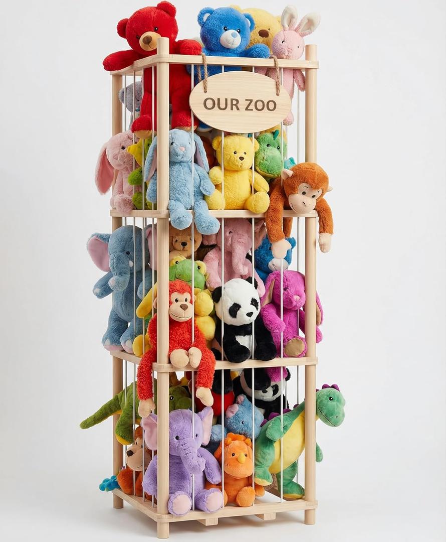 Rhyzoray Stuffed Animal Storage Organizer - Thick Wooden Toy Zoo for Playroom & Bedroom, Large Plushies Holder with Cute Jail Cage Design, Plush Toy Display Tower Shelf (Large)