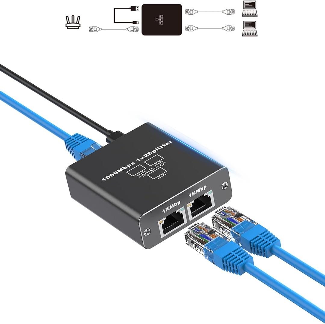 Gigabit Ethernet Splitter 1 to 2, Aluminium LAN Splitter 1000Mbps RJ45 Ethernet Switch Network Splitter with USB C Power Cable for Cat5/5e/6/7/8 (Gigabit Ethernet Splitter 1 to 2)