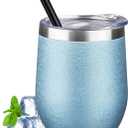 12 oz Insulated Wine Tumbler with Lid and Straw Double Wall Vacuum Insulated Wine Cup Stainless Steel Wine Tumbler Glasses for Coffee,Cocktail,Office (Wrinkle Paint Sea Blue,1)