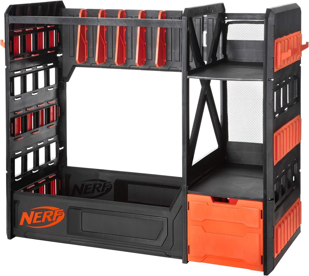 Nerf Elite Blaster Rack - Storage for up to Six Blasters, Including Shelving and Drawers Accessories, Orange and Black Nerf Elite Blaster Rack - Storage for up to Six Blasters, Including Shelving and Drawers Accessories, Orange and Black