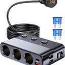 7 in 1 Cigarette Lighter Splitter, LIHAN 3 Socket Car Charger Adapter, Type-C QC3.0 PD 30W Charging, Dual USB Charging Ports, Independent Switches, LED Voltmeter, Plug Outlet 12V/24V(3.3ft Cable)