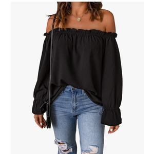 Women's Off Shoulder Top Ruffle Long Sleeve Chiffon Blouse Casual Loose Shirts L
