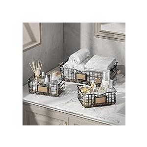 Bathroom Organizers and Storage, 3 Pack Storage Baskets for Shelves, Multipurpose Bins Organizer with Wooden Handles, Decorative Organizer Baskets Set for Bathroom, Laundry, Living Room - White (Large & 2*Extra small)