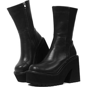 AMINUGAL Womens Wedge Heel Ankle Boots Platform Zipper Punk Motorcycle Booties Chunky Block High Heel Round Toe Fashion Work Combat Boots Mid Calf For Women (9, A-black Prime)