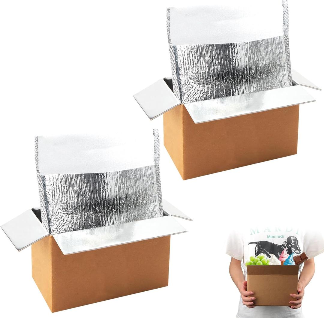 2 Pack Hot & Cold Double Insulated Shipping Box with Aluminum Foil Insulated Bag Liner, 8x4x5 Inch Reusable Hot & Frozen Food Delivery Insulated Carton for Shipping, Mailing, Packing, Moving