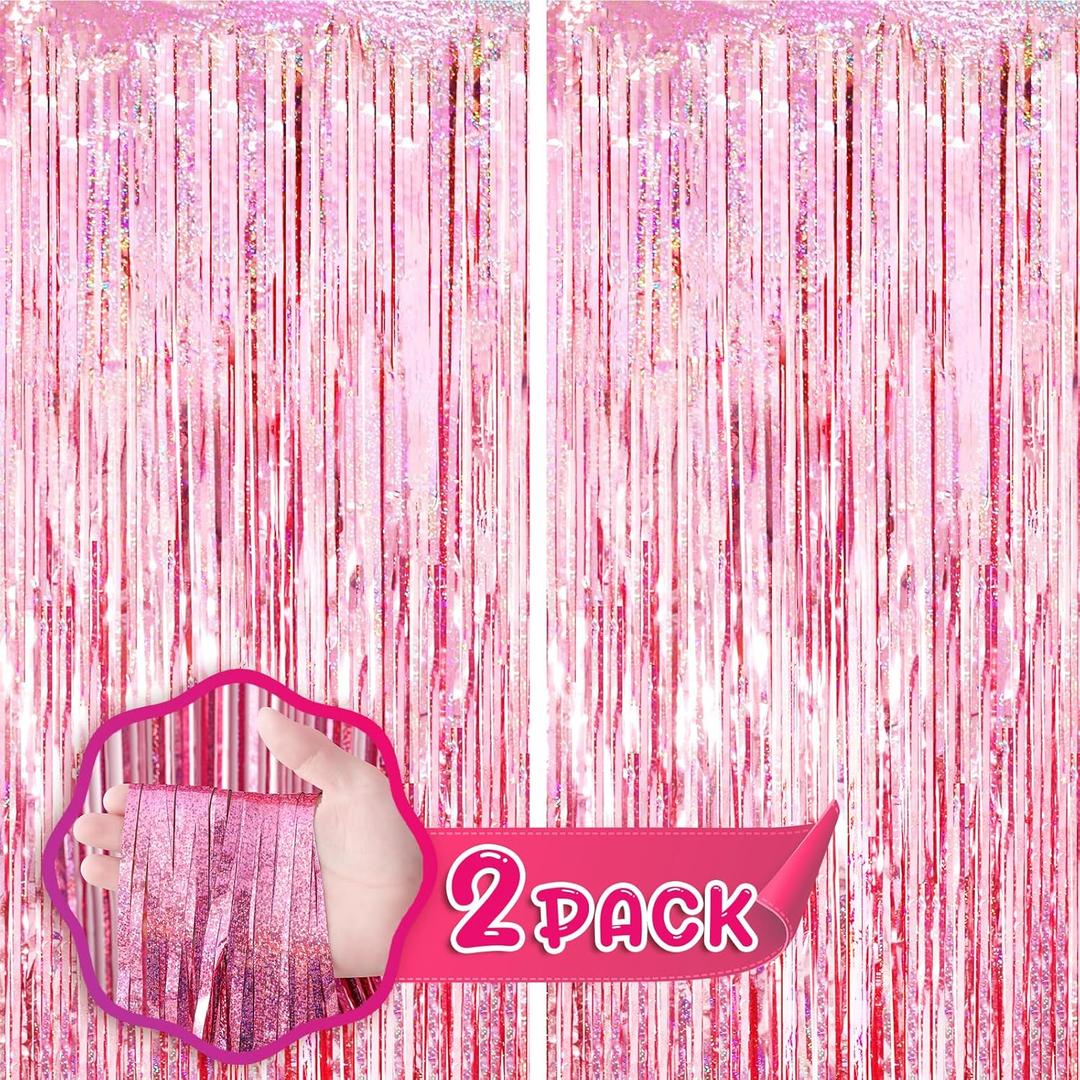 Laser Pink Tinsel Foil Fringe Curtains 2 Pack, Valentines Day Pink Decorations, Metallic Tinsel Party Streamers Backdrop for Birthday Bachelorette Graduation Wedding Party