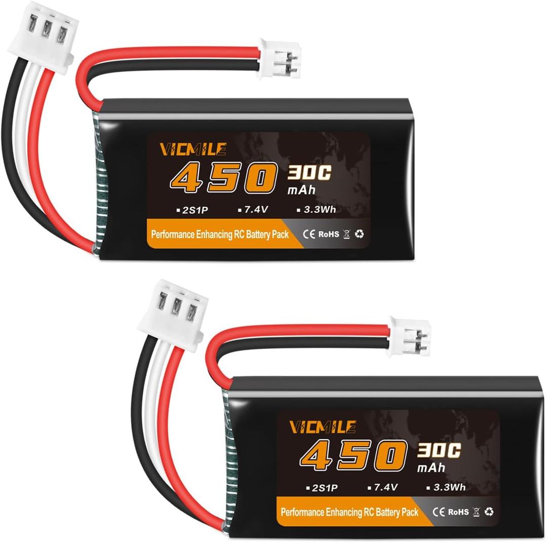 SCX24 Battery 7.4V 450mAh Lipo Battery 2S 30C Rechargeable Lipos with PH2.0 Plug Fit for Most 1/10, 1/16, 1/18, 1/24 Scale RC Cars Trucks