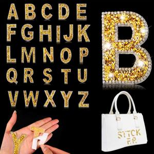 Yinder Glitter Resin Rhinestone Alphabet Letter Stickers Crystal Rhinestone Iron on Letter Self Adhesive A-Z Glitter Stickers for Art Clothing DIY Works(Gold, 26 Pieces)