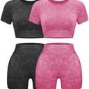 OLCHEE Womens Workout Sets 2 Piece - Seamless Acid Wash Yoga Outfits Shorts and Crop Top Matching Gym Athletic Clothing Set, Size XXL