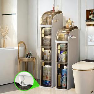 4-Tier Slim Bathroom Storage Cabinet, Waterproof Narrow Floor Cabinet with Toilet Paper Holder, Wheels, Bathroom Storage Organizer for Small Spaces, Laundry, Kitchen, Office, Out of The Box