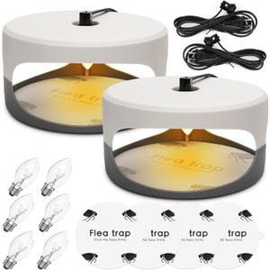 Flea Traps for Inside Your Home, 2 Pack Flea Trap with Sticky Pads Refills & Light Bulb Replacement, Odorless Natural Indoor Bed Bug Light Killer Insect Infestation Treatment Trap for Kids Pet (Round)