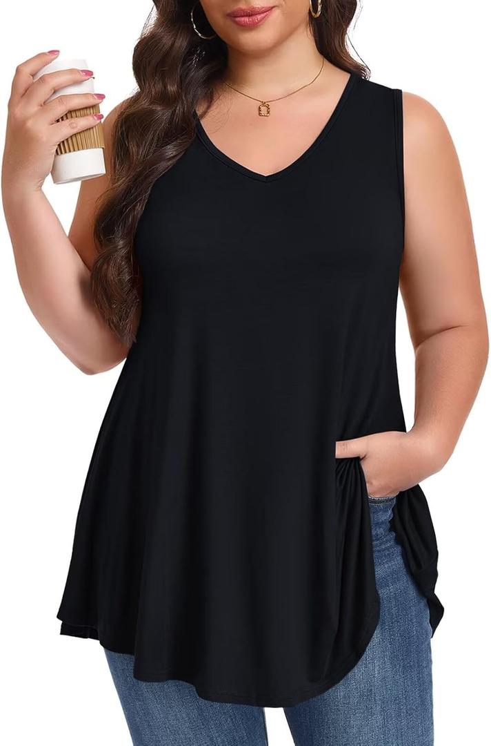 LARACE Plus Size Tank Tops for Women V Neck Casual Sleevelss Tunic Summer Clothes Flowy Shirts for Leggings (4X, Black)
