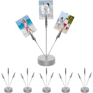 6 Pack Desktop Photo Tree Holder Clip Round Base, 3-Branch Card Holder with Clips, Memo and Picture Display Clip Holder Stand for Wedding Party Photo Clip Holder Table Numbers Silver
