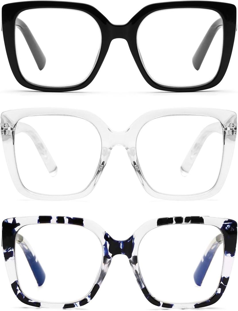 DOOViC 3 Pack Oversized Reading Glasses for Women Blue Light Blocking Square Stylish Computer Readers (3 Colors-s2)