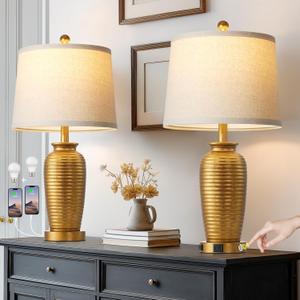 CINSARY 25" Retro Gold Farmhouse Jar Table Lamps Set of 2, 3 Way Touch Control Rustic Bedside Lamps with USB A+C Ports & AC Outlet, Pot Nightstand Lamps for Bedroom Living Room (LED Bulbs Included)